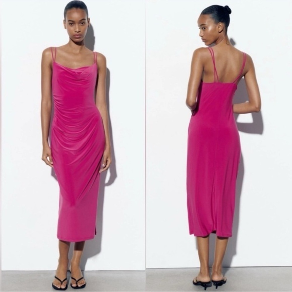Zara Fuchsia Draped with straps featuring a cowl neckline Midi Dress size L